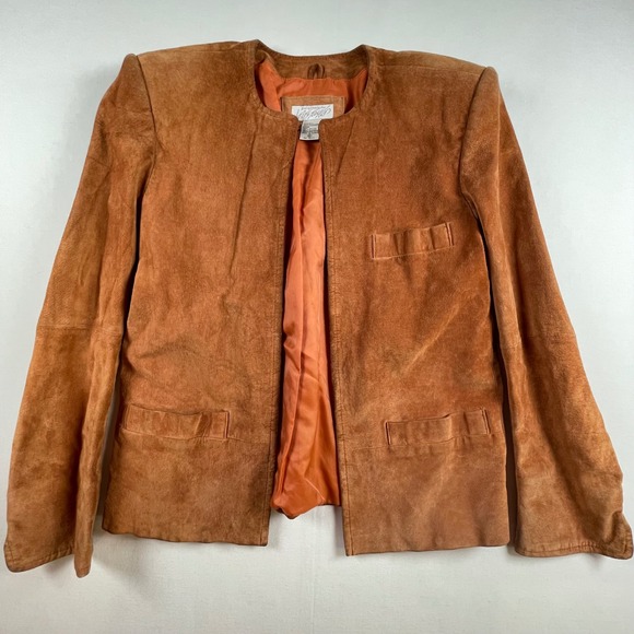 Lord‎ & Taylor Western Style Suede Leather Blazer Jacket Rust Brown Collarless